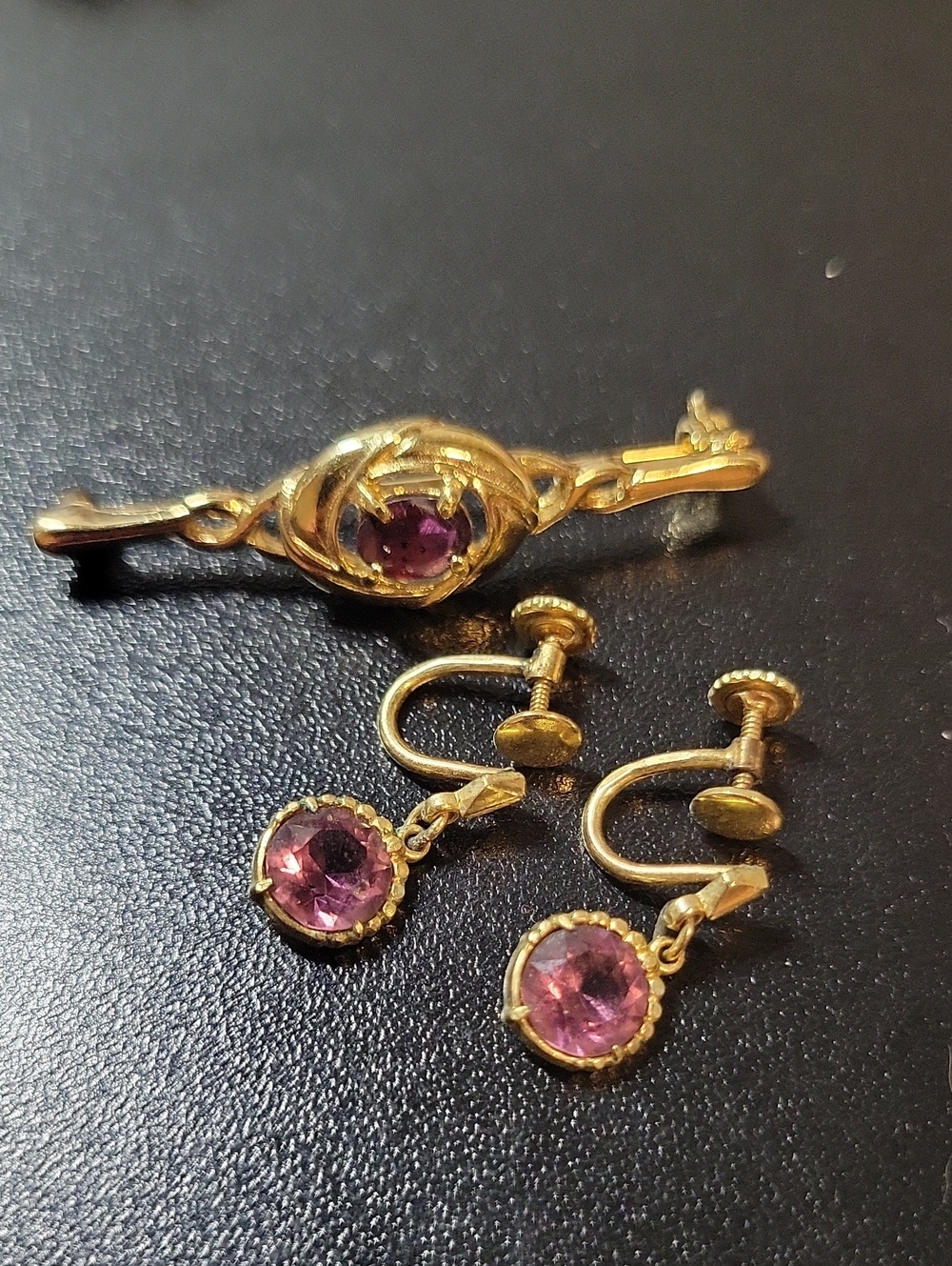 Gold-Tone Pink Gem Screw-Back Earrings and Brooch Set